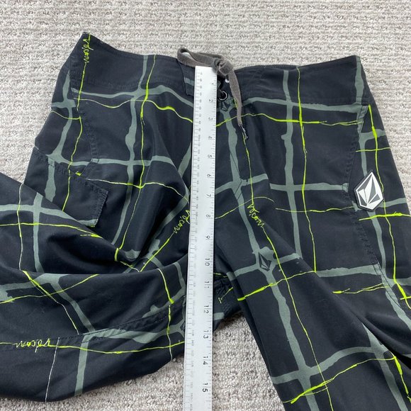 VOLCOM Swim Trunks Men 30 Black Neon Green Plaid MAGU Board Shorts Swimming Suit - Picture 10 of 12